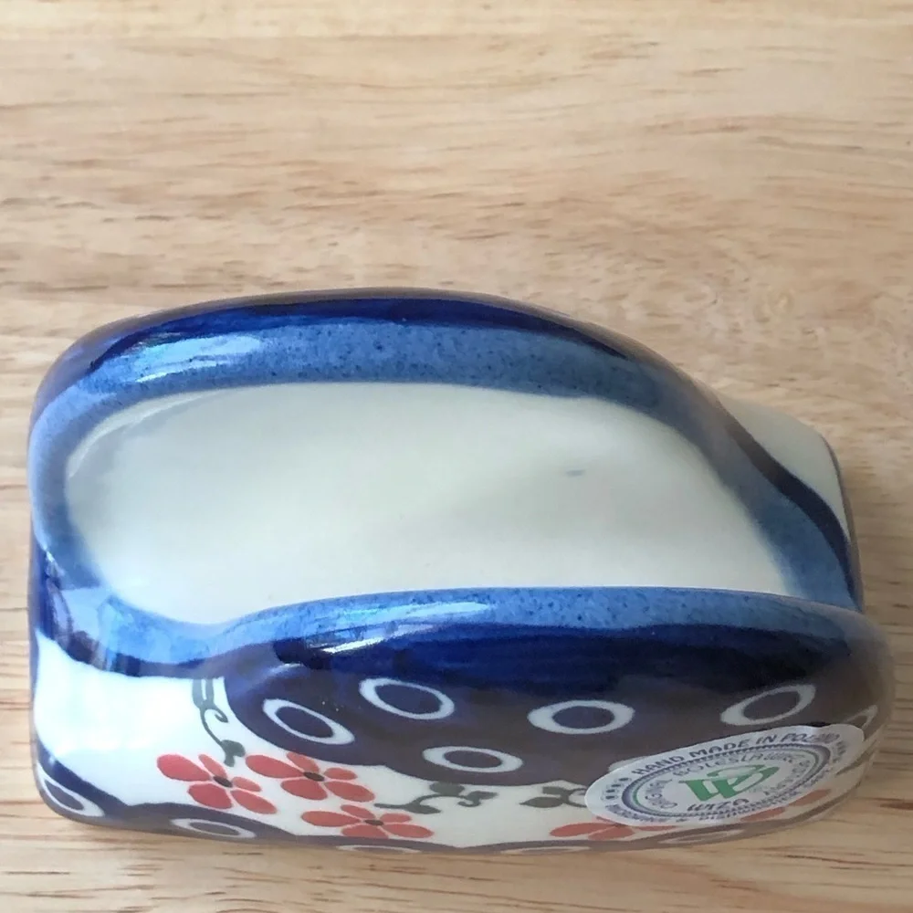 Wiza Polish Pottery Napkin Holder Boleslawiec Hand Painted Floral Peacock Eye